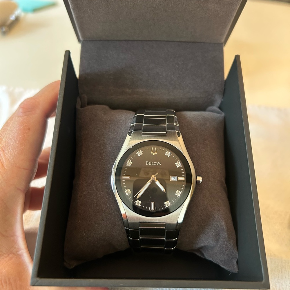 Bulova Silver Timepiece with Black Face and Swarovski Crystal detail. - Picture 7 of 8